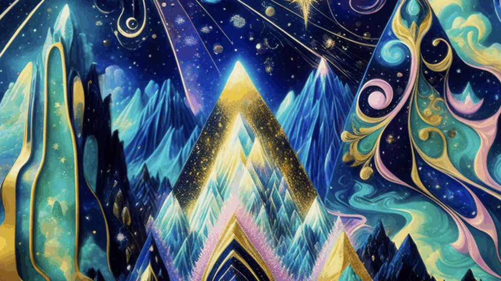 A cathedral of light and geometry rising against a starry sky, representing the architecture of consciousness.